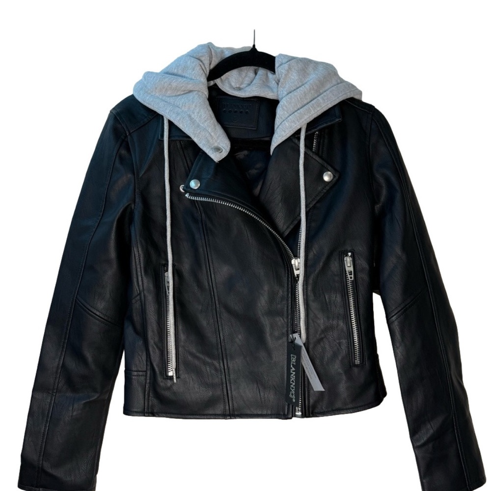 Black Faux Moto Leather Jacket with removable Gray Hood